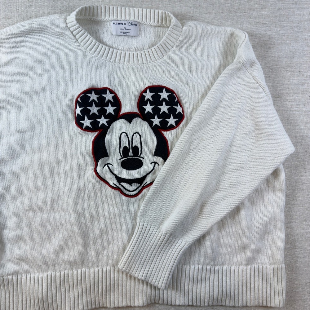 Old Navy x Disney Mickey Mouse Stars Patriotic Knit Sweater XL White Crew Neck